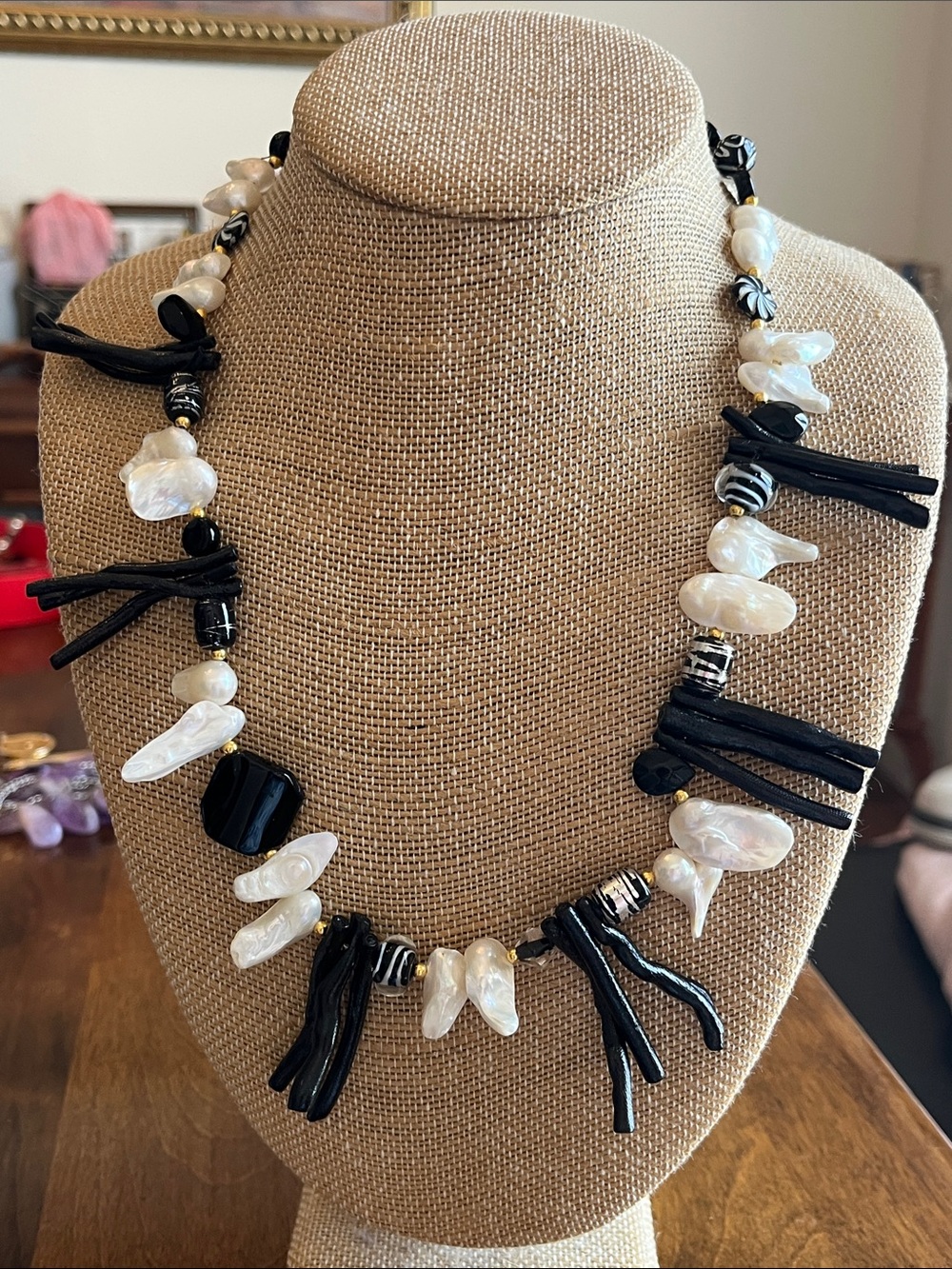 Handcrafted Black Branch Coral and White Freshwater Pearls Necklace